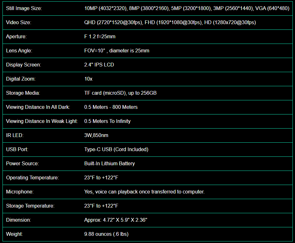 Dark Force Night Vision specifications